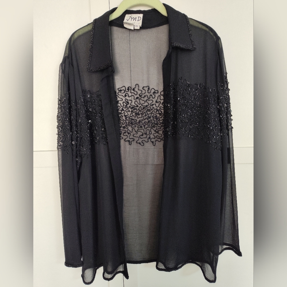 Vintage Black Sheer Cardigan With Beadwork Detail Sz XL 14/16 Elegant Luxury